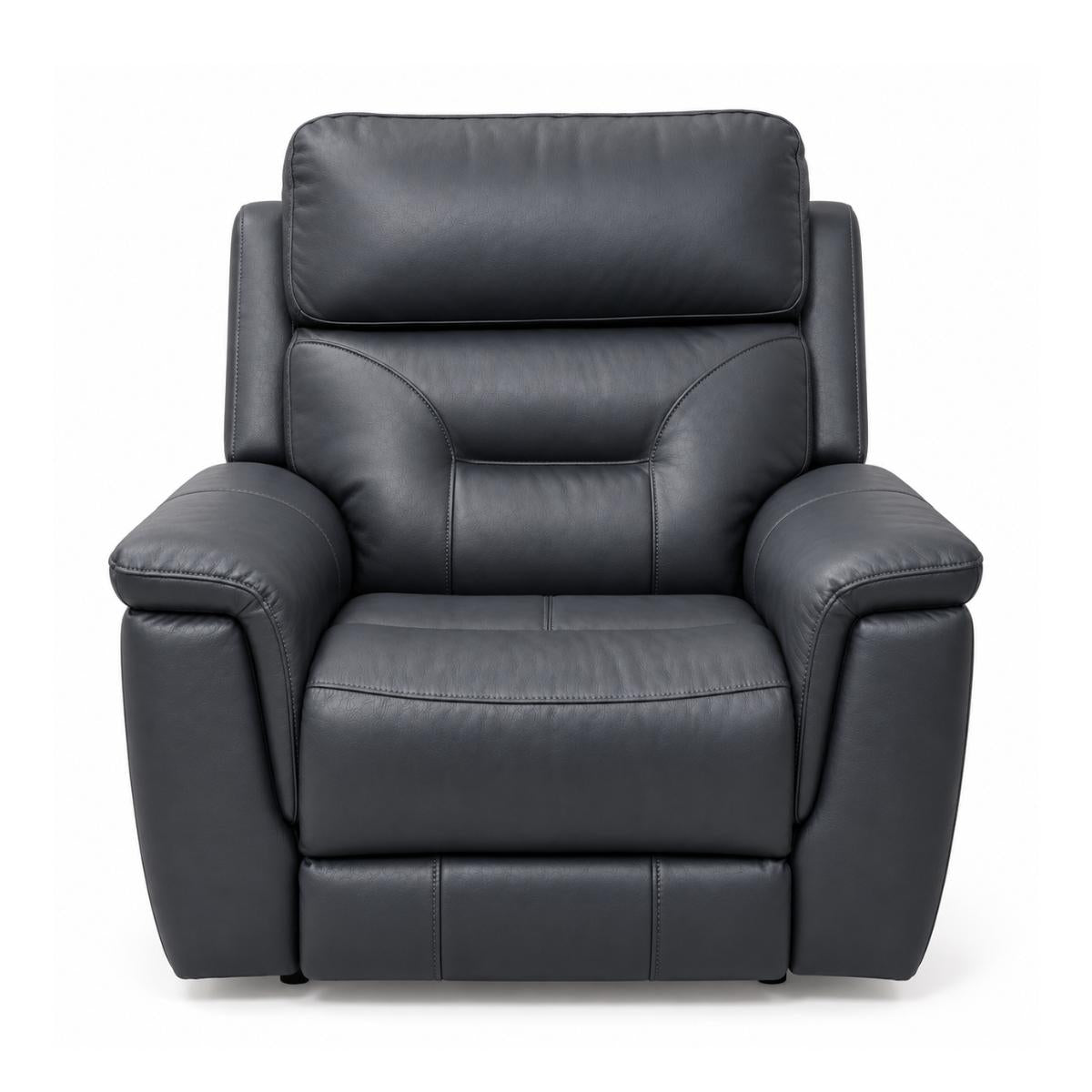 Solenne navy faux leather recliner chair with a high back, padded headrest, wide armrests, and a cushioned seat, shown against a plain white background.