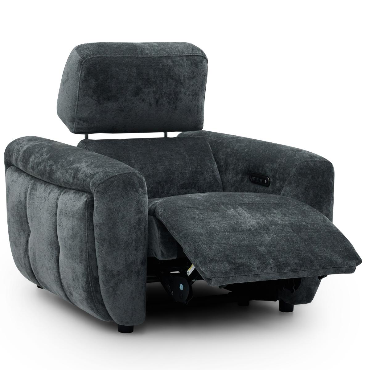 Trinity charcoal plush recliner chair with the footrest extended, shown on a clean white background.