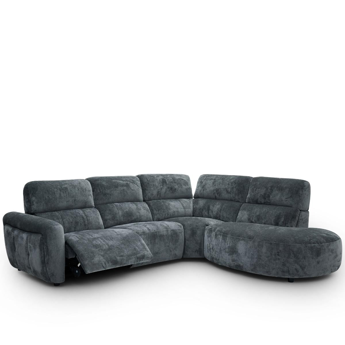 Trinity charcoal plush sectional sofa with a curved chaise lounge on the right side and a reclining seat on the left, shown against a plain white background.