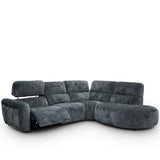 Trinity charcoal plush sectional sofa with a curved chaise lounge on the right side and a reclining seat on the left, shown against a plain white background.