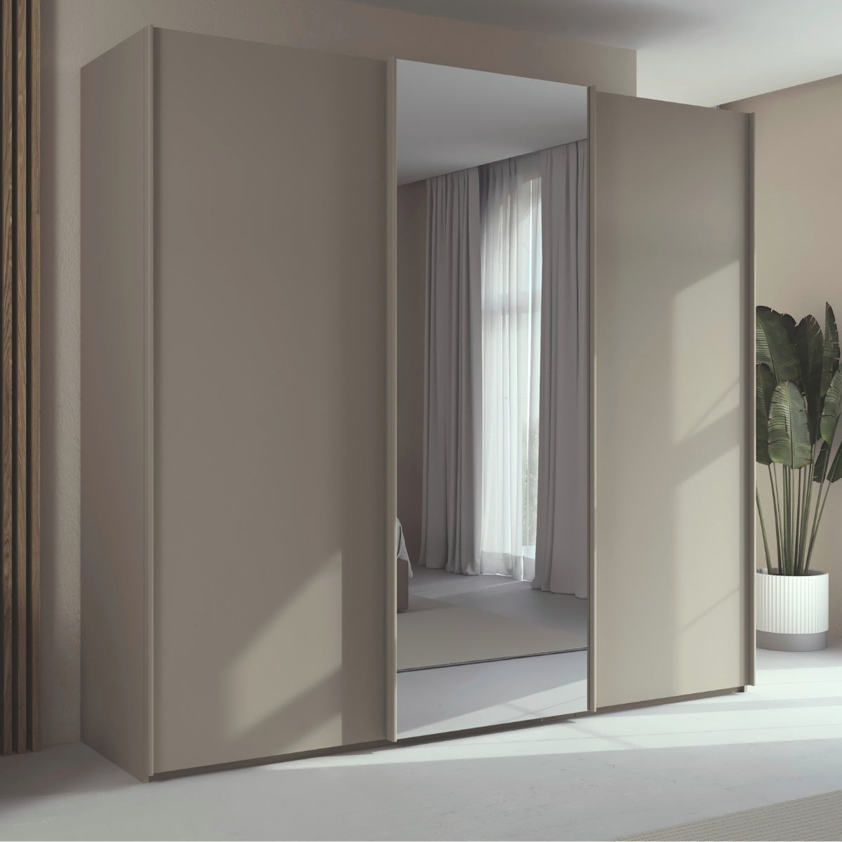 Trixie grey slide robe with sliding mirror door in a room with curtains and a plant.