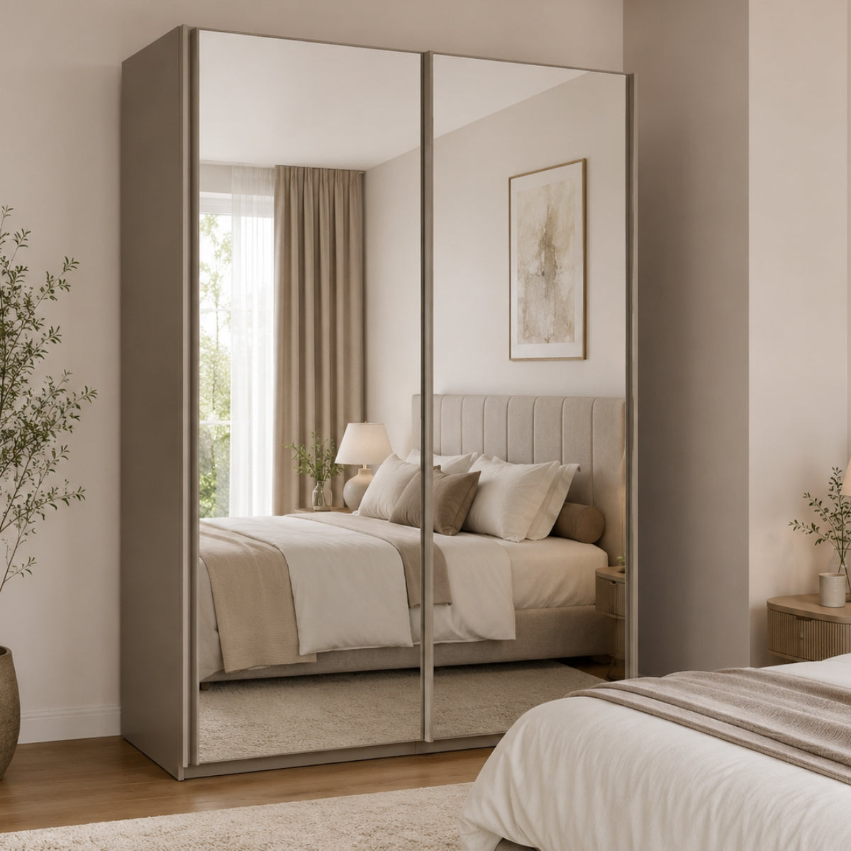 Trixie grey wardrobe with mirror doors in a bedroom setting