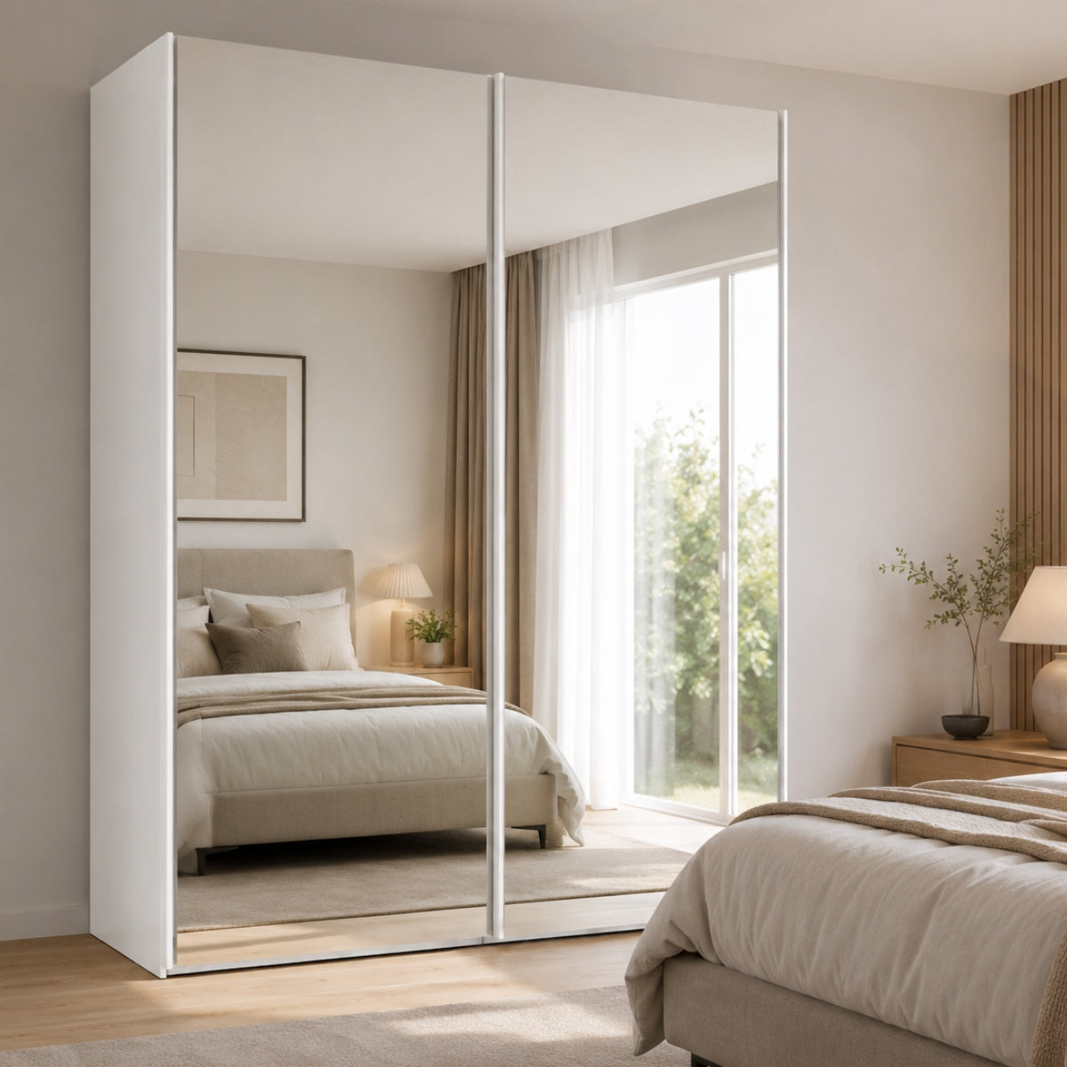 Trixie modern bedroom with a large mirrored wardrobe and a bed.