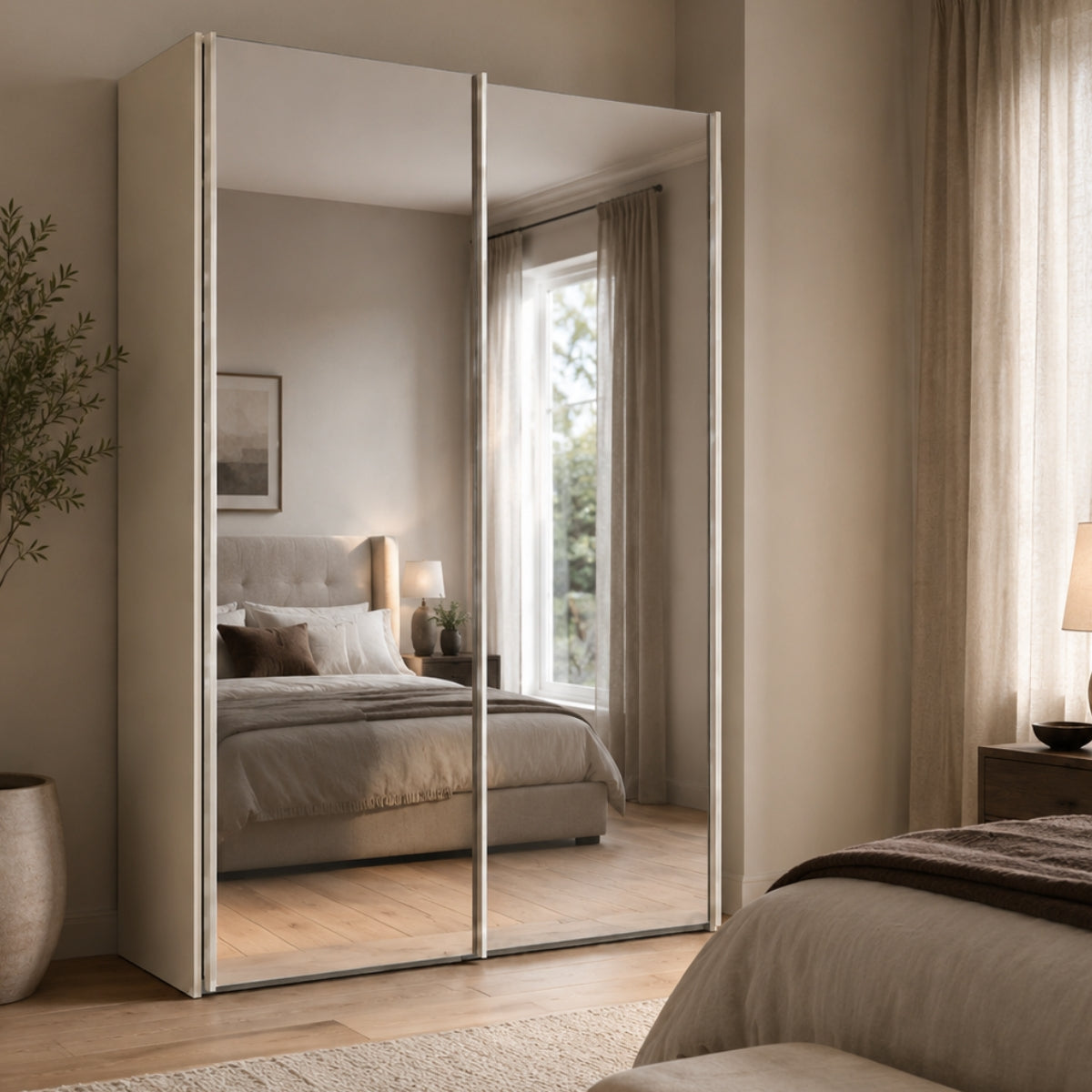 Modern bedroom with the large Trixie mirror wardrobe reflecting a bed and window.