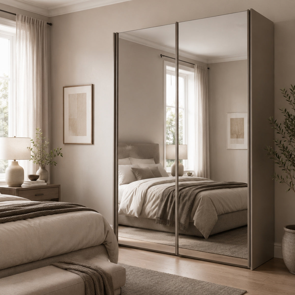 Modern bedroom with the Trixie mirrored wardrobe and neutral decor
