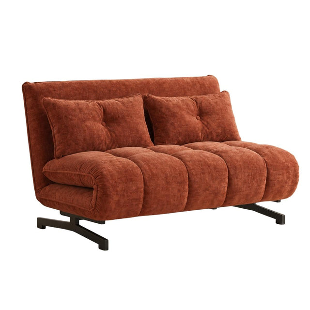 A compact, low-profile upholstered sofa in a textured rust-orange fabric, featuring two matching back cushions and black metal legs, shown against a plain white background.