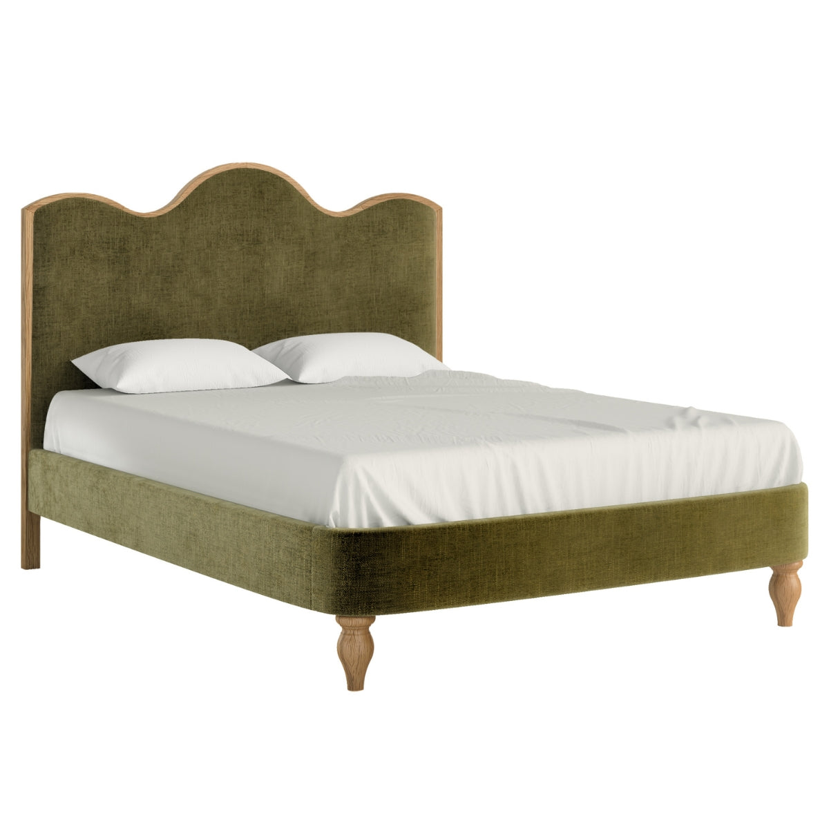Vanya green upholstered bed with white bedding on a white background