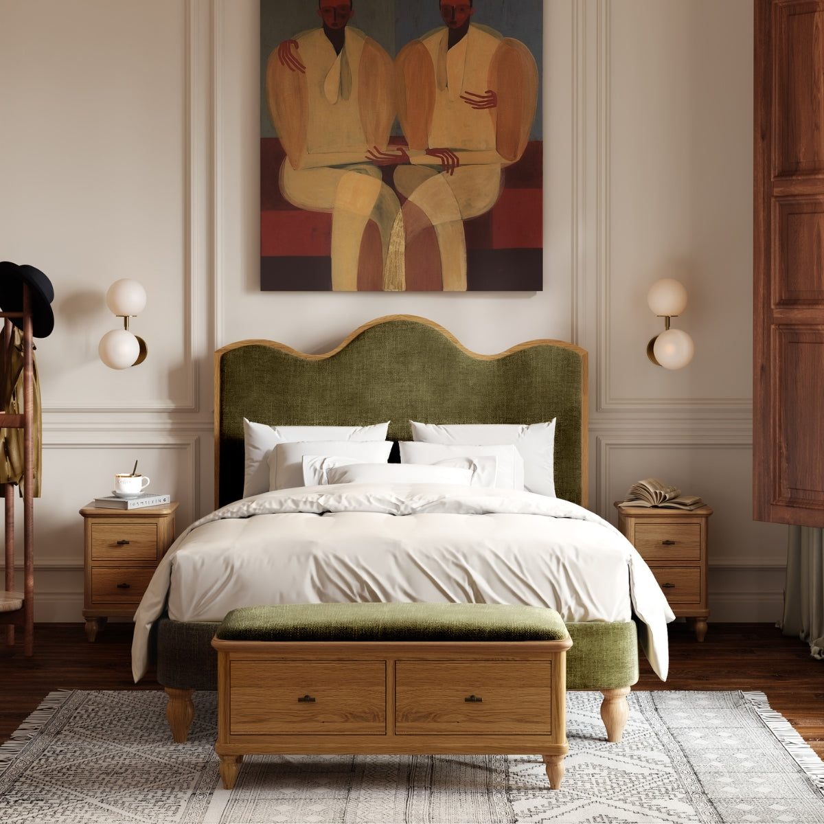 Bedroom with the vanya green upholstered bed, wooden nightstands, and abstract painting on wall.