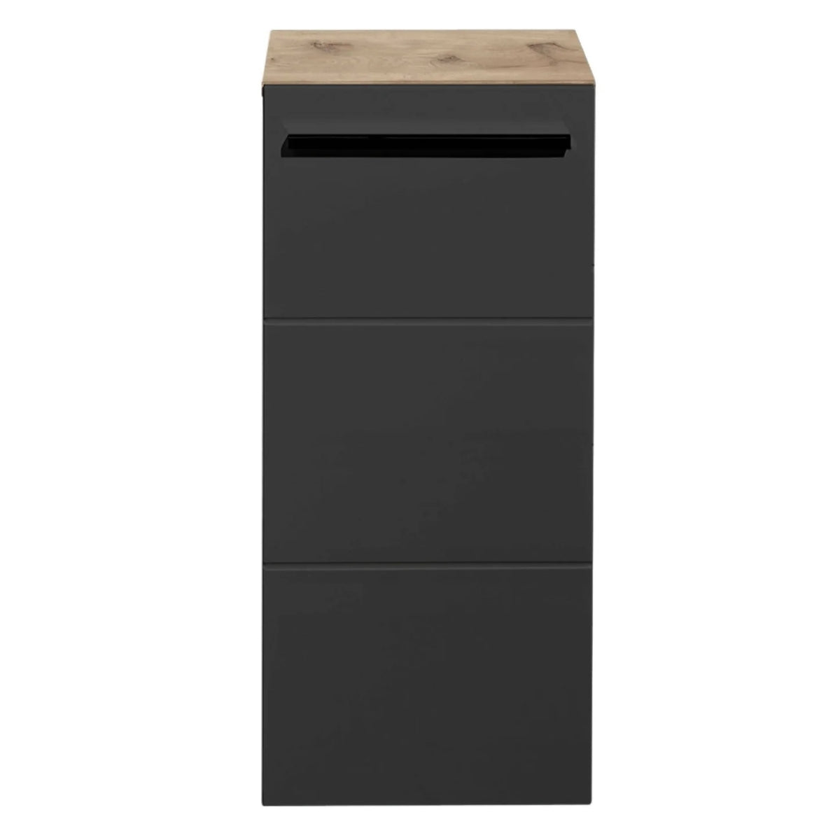 Vista black cabinet with wooden top on a white background.