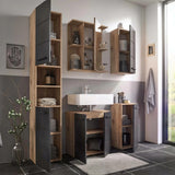 Modern bathroom interior with wooden cabinets and a sink.