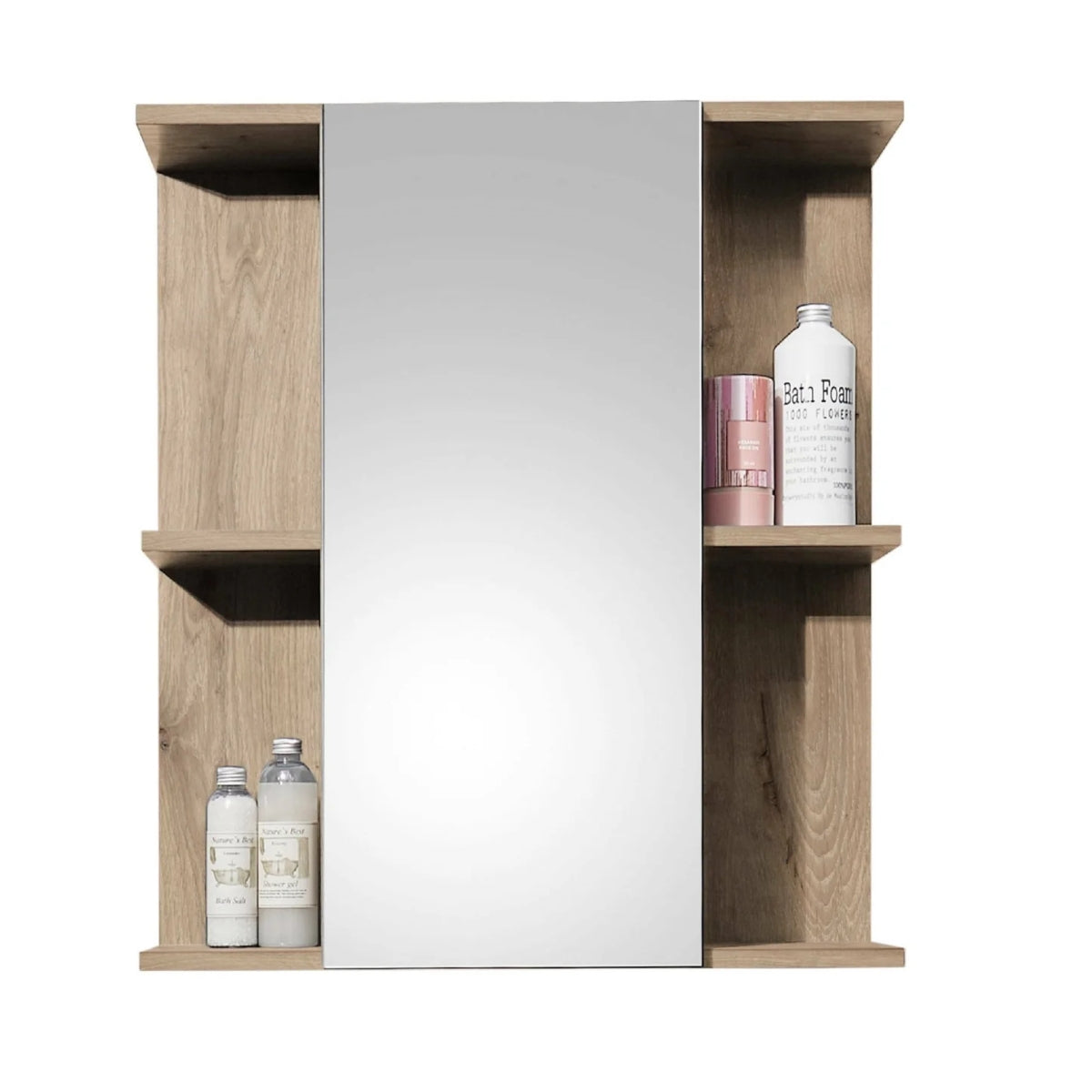 Vista bathroom mirror cabinet with wooden shelves displaying various bottles.