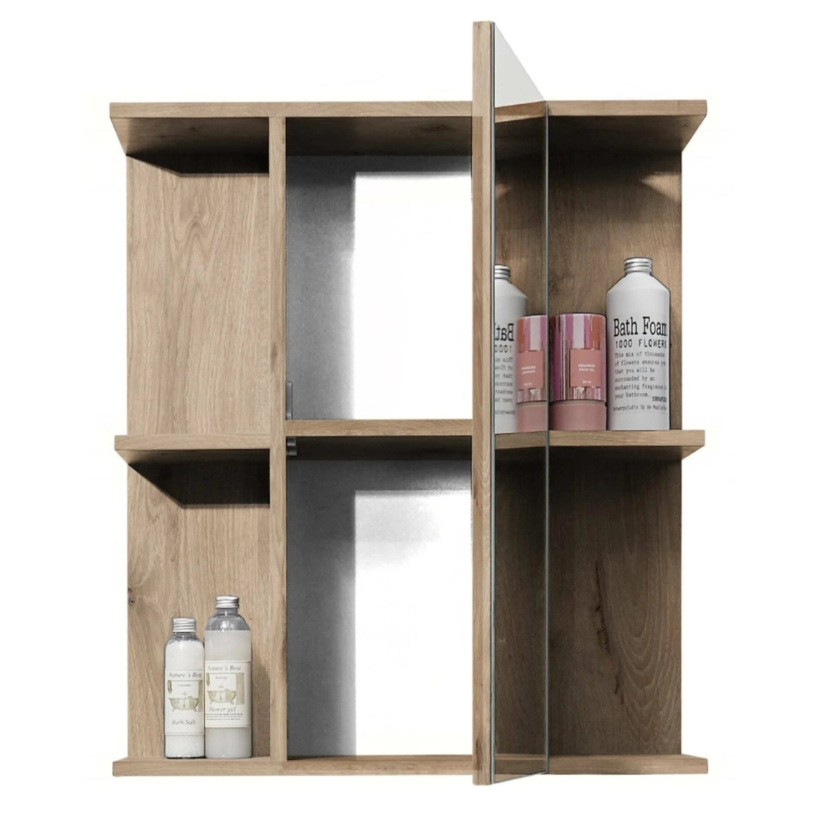 Vista wooden bathroom cabinet with mirror and toiletries on a white background.