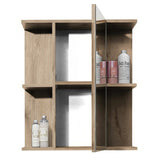Vista wooden bathroom cabinet with mirror and toiletries on a white background.