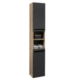 Vista tall bathroom cabinet with black and wood finish on a white background.