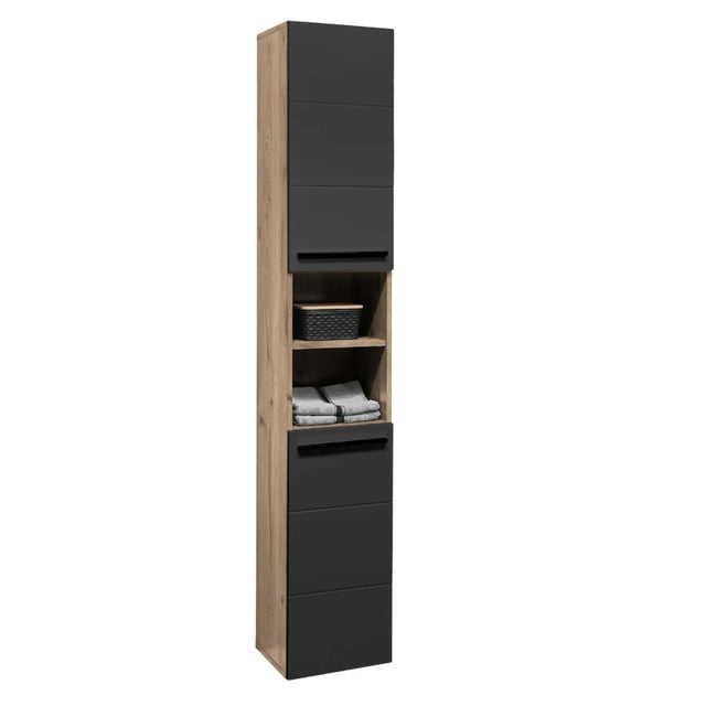 Vista tall bathroom cabinet with black and wood finish on a white background.