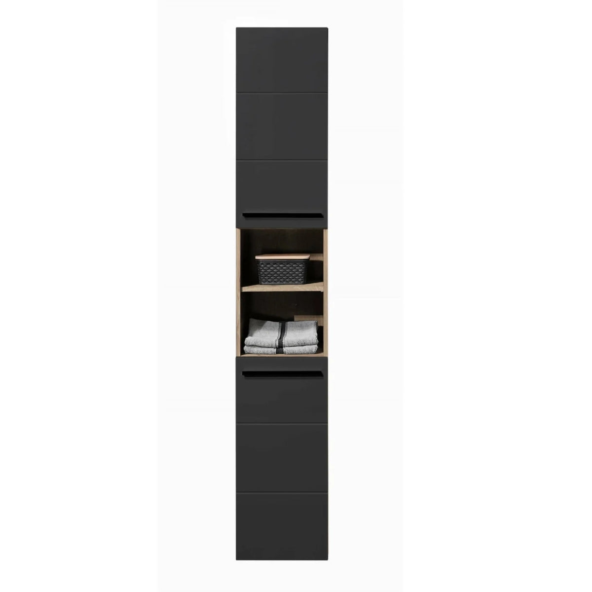 Vista tall black cabinet with shelves and drawers on a white background.