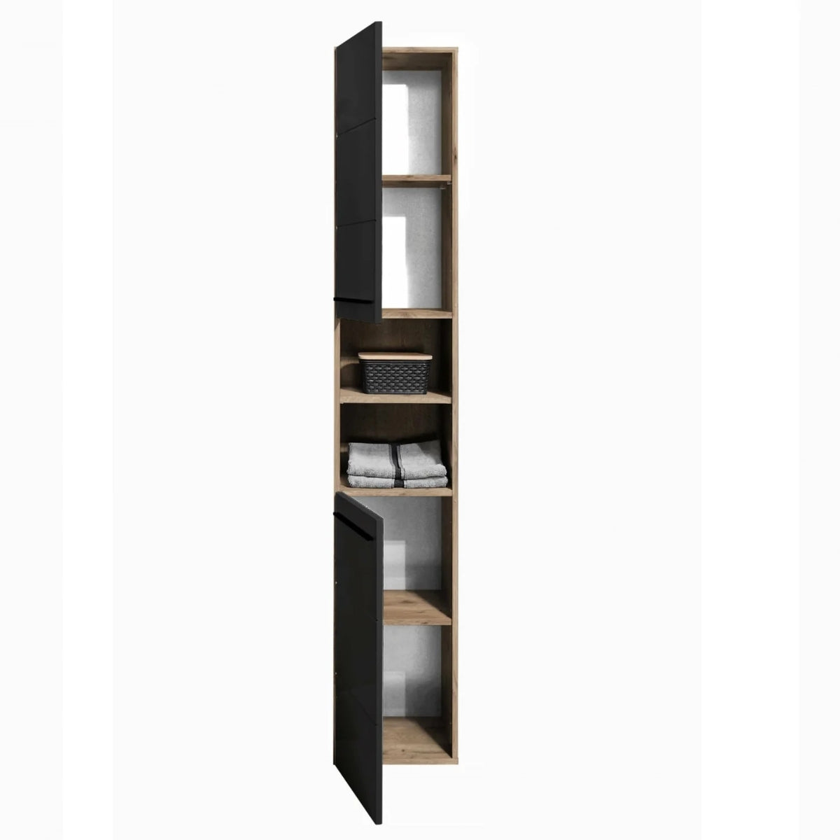 Vista tall narrow wooden cabinet with shelves on a white background.