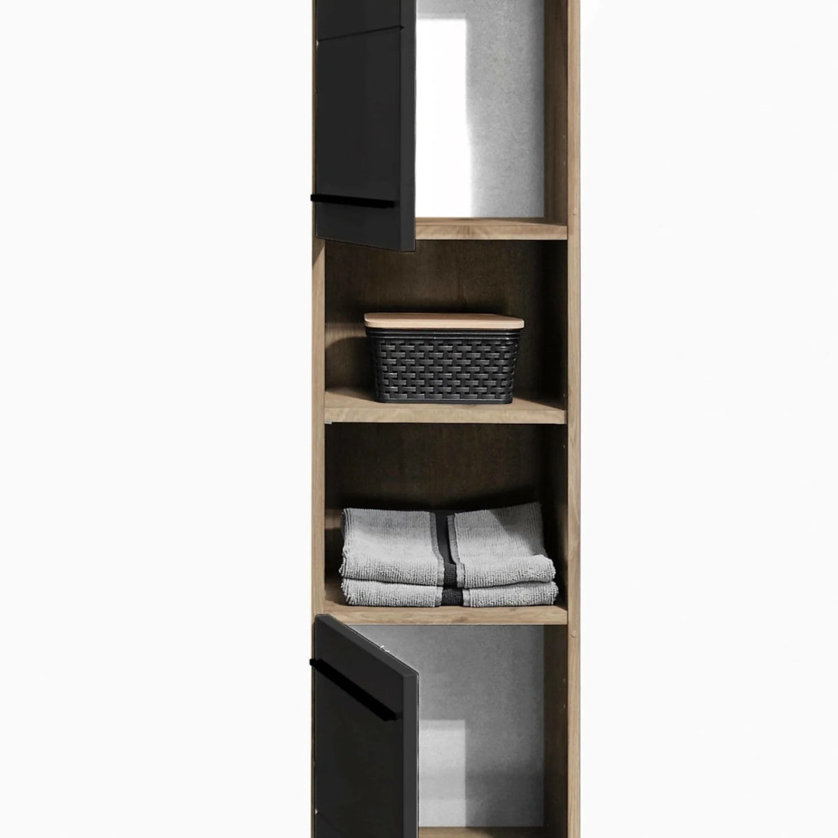 Vista tall wooden cabinet with shelves containing folded clothes and a basket on a white background.