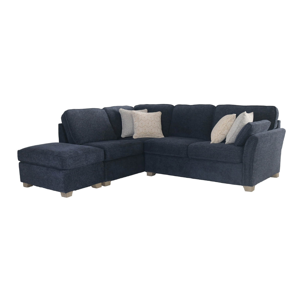 A dark navy blue sectional sofa with a left-facing chaise ottoman and four decorative throw pillows, shown against a plain white background.