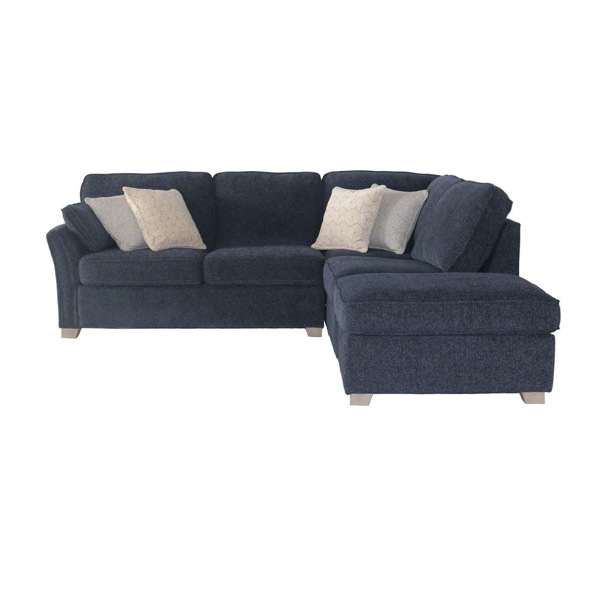 A dark navy blue sectional sofa with a right-facing chaise lounge and four decorative throw pillows, shown against a plain white background.