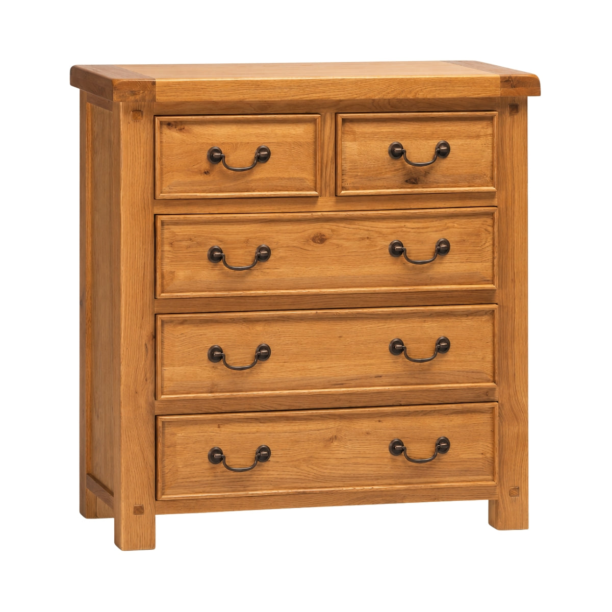 Wilma five-drawer wooden chest of drawers in a warm medium brown finish, featuring four drawers on the bottom and one drawer set on top, with dark metal bar handles, shown on a plain white background.