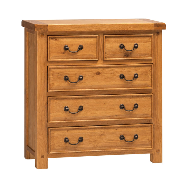 Wilma five-drawer wooden chest of drawers in a warm medium brown finish, featuring four drawers on the bottom and one drawer set on top, with dark metal bar handles, shown on a plain white background.
