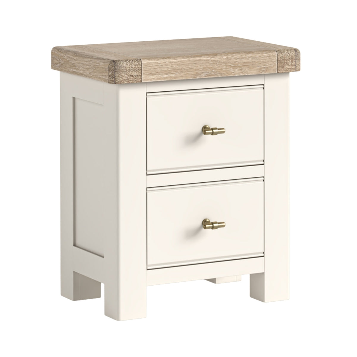 Wilson cream nightstand with two drawers and a wooden top on a white background.