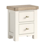 Wilson cream nightstand with two drawers and a wooden top on a white background.
