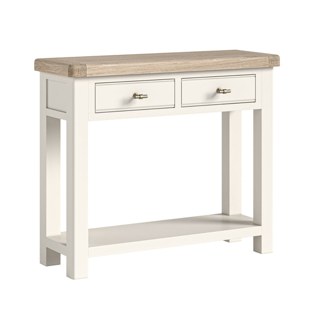 Wilson cream console table with oak top and white base on a white background.