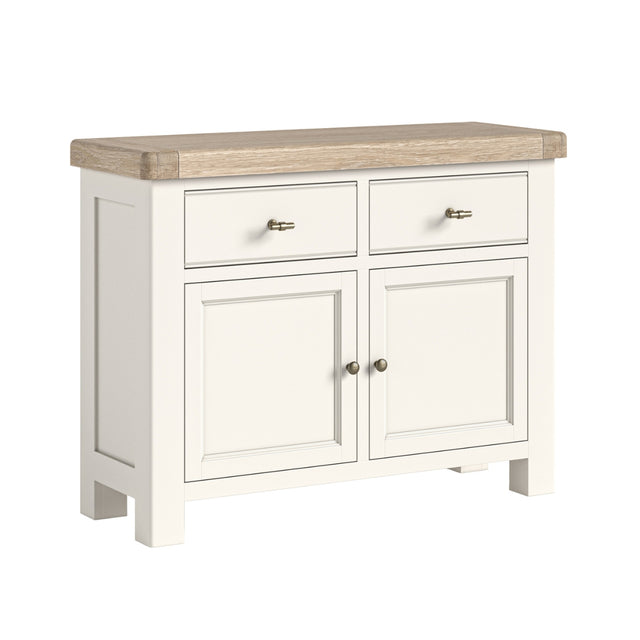 Wilson cream sideboard with oak top on a white background.