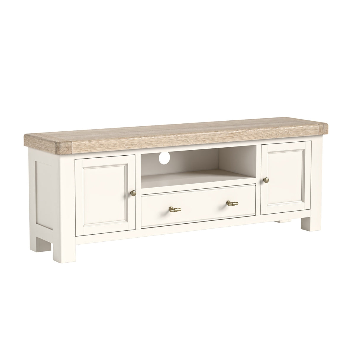 Wilson cream TV stand with wooden top on a white background.