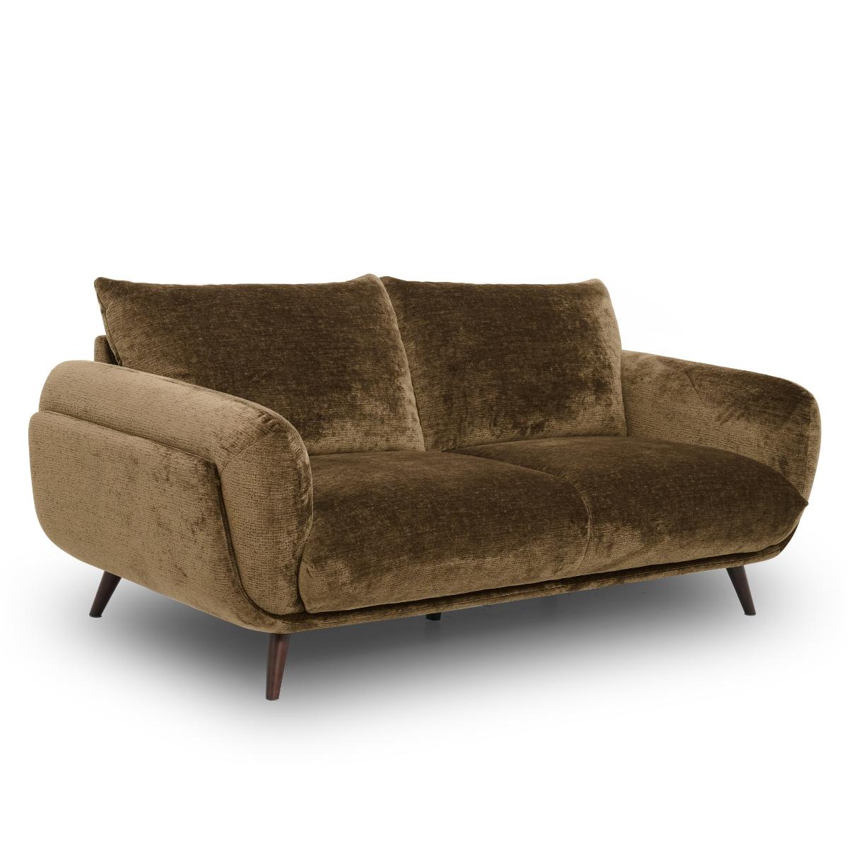 Zora mid-century modern loveseat sofa upholstered in a textured brown velvet fabric, featuring dark wooden legs, shown against a plain white background.