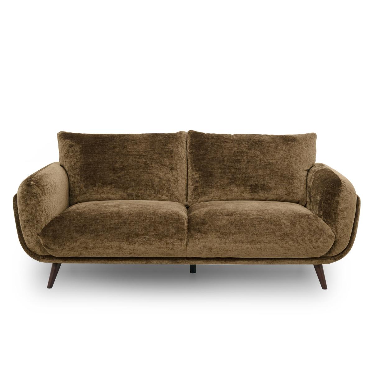 Zora mid-century modern loveseat sofa upholstered in textured brown velvet, featuring dark tapered wooden legs, shown against a plain white background.