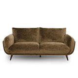 Zora mid-century modern loveseat sofa upholstered in textured brown velvet, featuring dark tapered wooden legs, shown against a plain white background.
