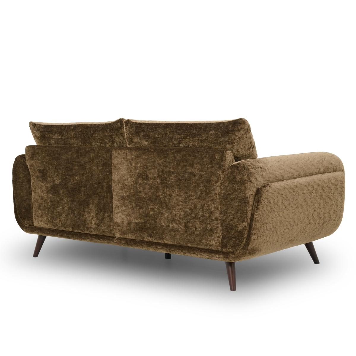 Zora mid-century modern loveseat sofa upholstered in a textured brown fabric, featuring dark wood legs, shown from a three-quarters angle on a white background.