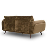 Zora mid-century modern loveseat sofa upholstered in a textured brown fabric, featuring dark wood legs, shown from a three-quarters angle on a white background.