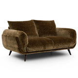 Zora mid-century modern loveseat sofa upholstered in a textured brown velvet fabric, featuring dark tapered wooden legs, shown against a plain white background.