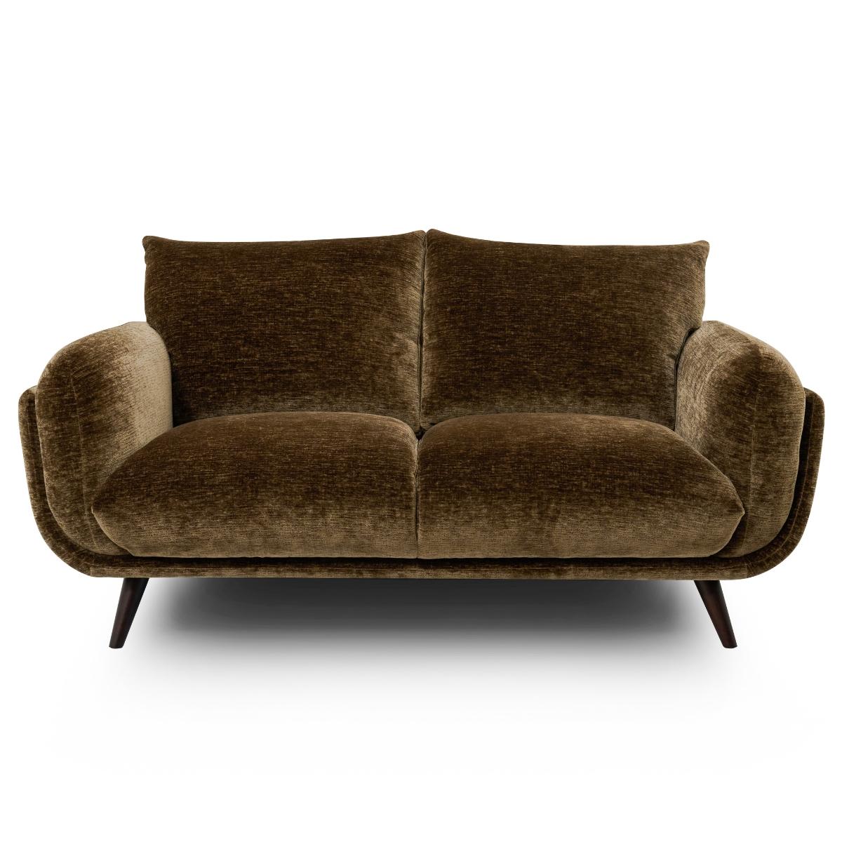 Zora modern two-seater loveseat sofa upholstered in a textured brown velvet fabric, featuring dark tapered wooden legs, shown against a plain white background.