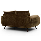 Zora mid-century modern loveseat sofa upholstered in a textured brown bouclé fabric, shown from a three-quarters angle on a white background.