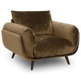 Zora mid-century modern armchair upholstered in textured brown velvet, featuring dark wooden legs, shown against a plain white background.