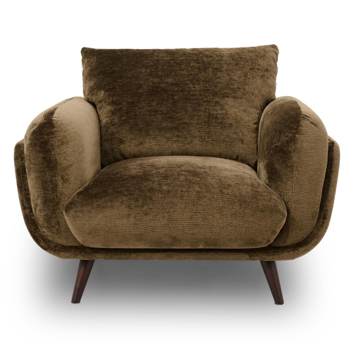 Zora mid-century modern armchair upholstered in a textured brown bouclé fabric, featuring dark wooden legs, shown against a plain white background.