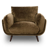 Zora mid-century modern armchair upholstered in a textured brown bouclé fabric, featuring dark wooden legs, shown against a plain white background.