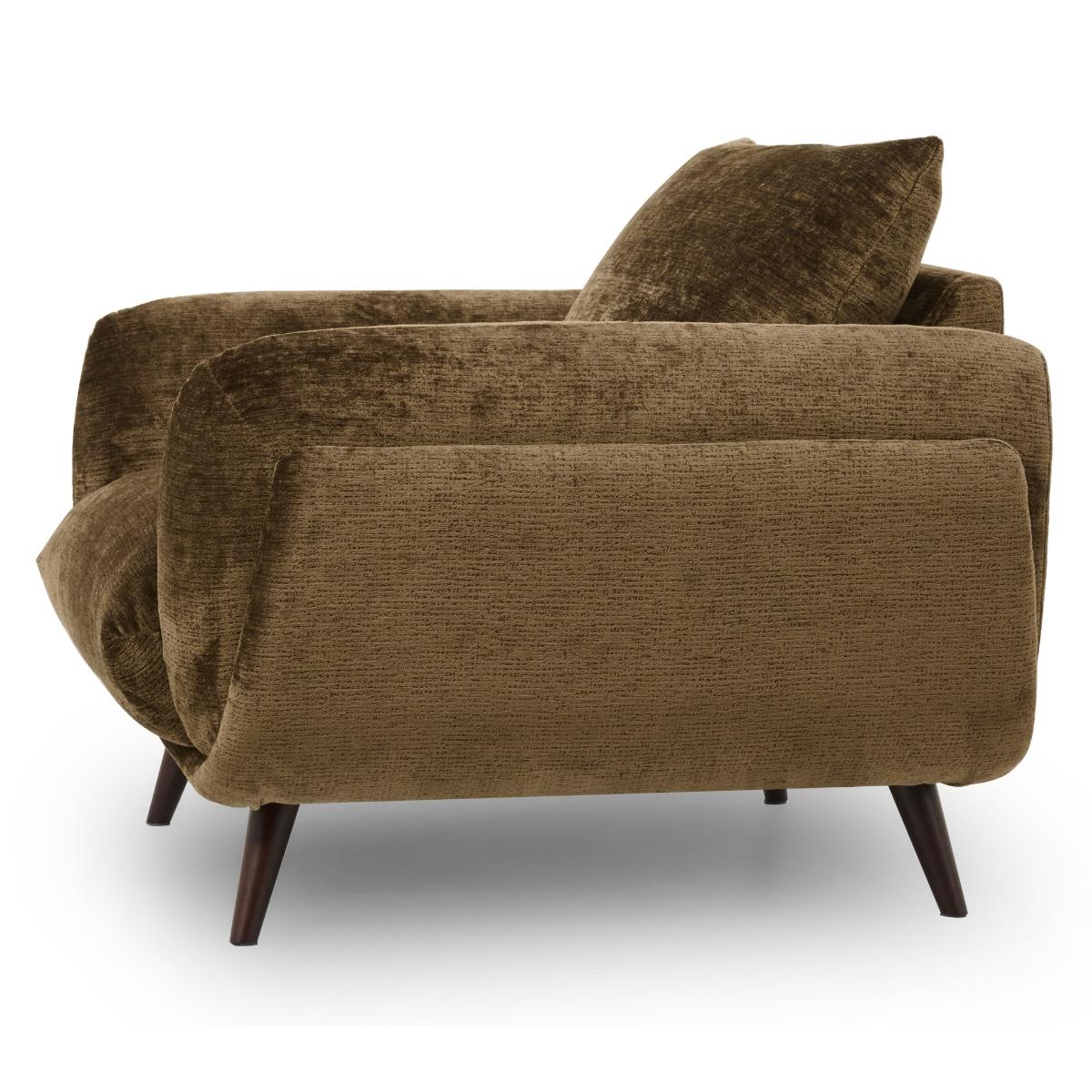 Zora modern armchair upholstered in textured brown fabric with a matching throw pillow and dark tapered legs, shown on a clean white background.