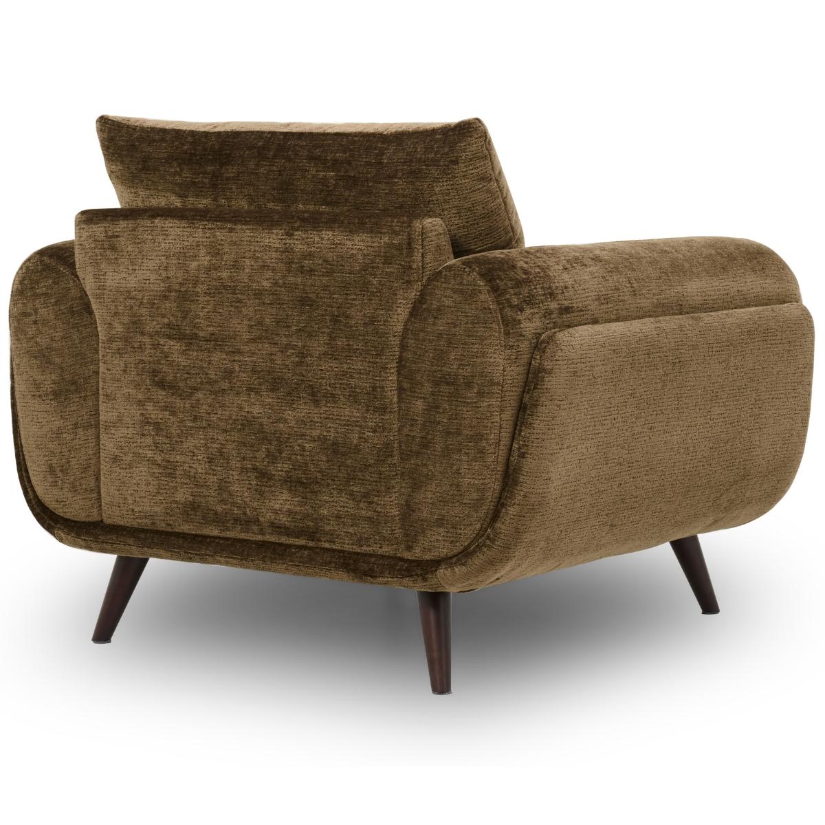 Zora mid-century modern armchair upholstered in a textured brown bouclé fabric, featuring dark wooden legs, shown against a plain white background.