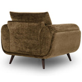 Zora mid-century modern armchair upholstered in a textured brown bouclé fabric, featuring dark wooden legs, shown against a plain white background.