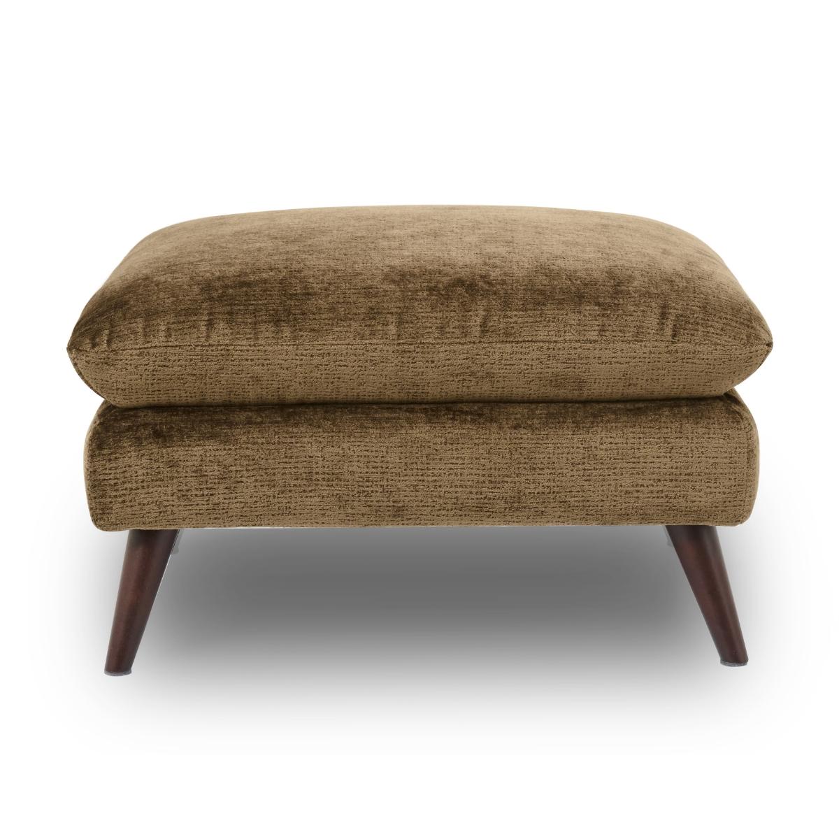 Zora upholstered ottoman with a textured brown fabric cushion and tapered dark wood legs, shown against a plain white background.