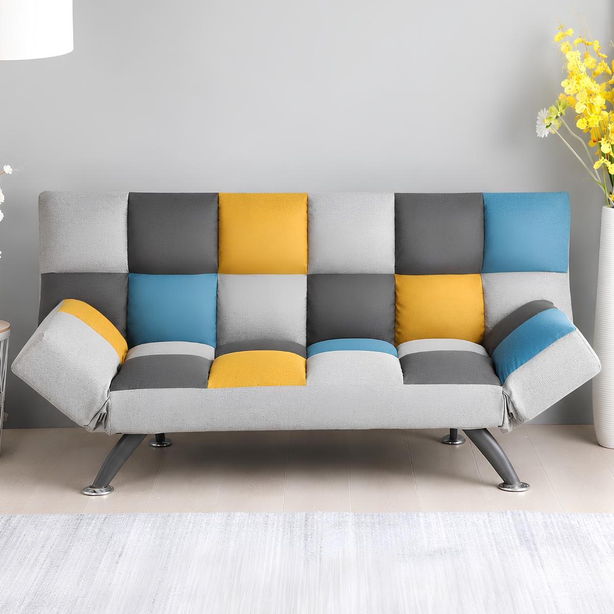 Brandon Sofa Bed with blue, grey and mustard patchwork upholstery