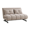 A modern compact futon sofa in a light beige textured fabric, featuring a low back, two matching tufted back cushions, a segmented bubble seat, and a black metal frame.