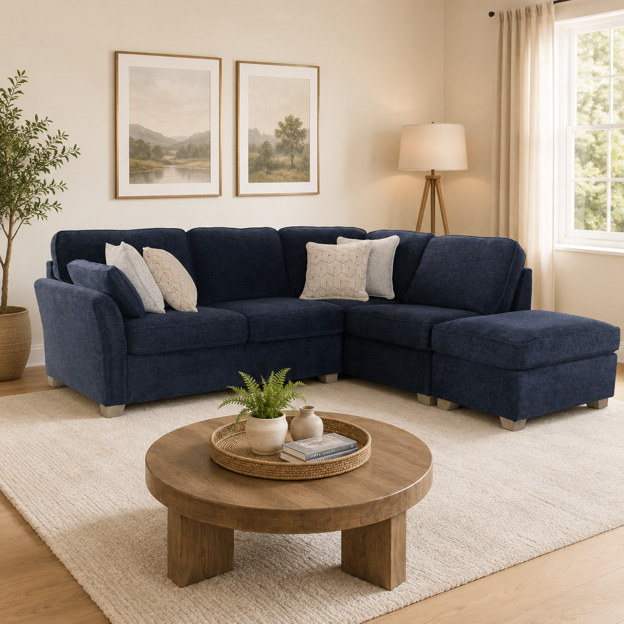 A navy blue sectional sofa with a chaise lounge in a bright, modern living room. The sofa is styled with several neutral-colored throw pillows and is positioned on a large cream-colored area rug.