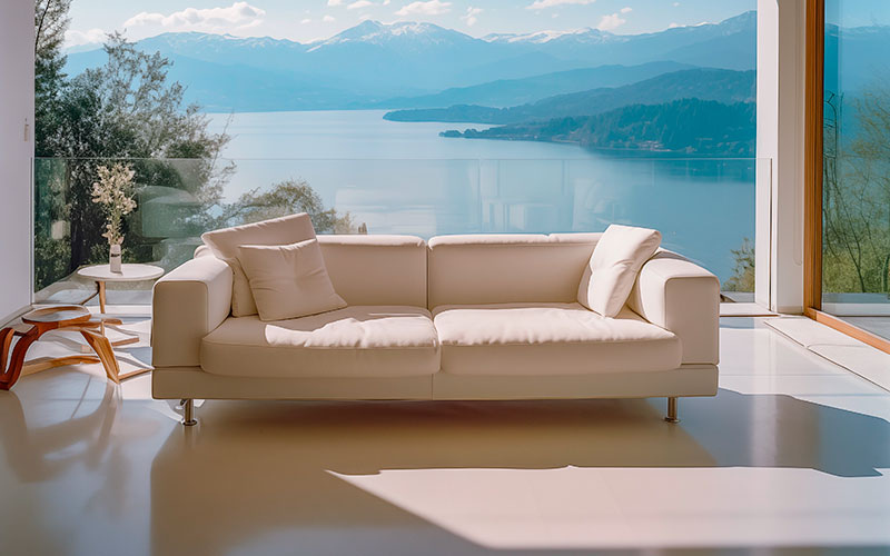 Cream linen minimalist sofa with silver legs and ocean backdrop.